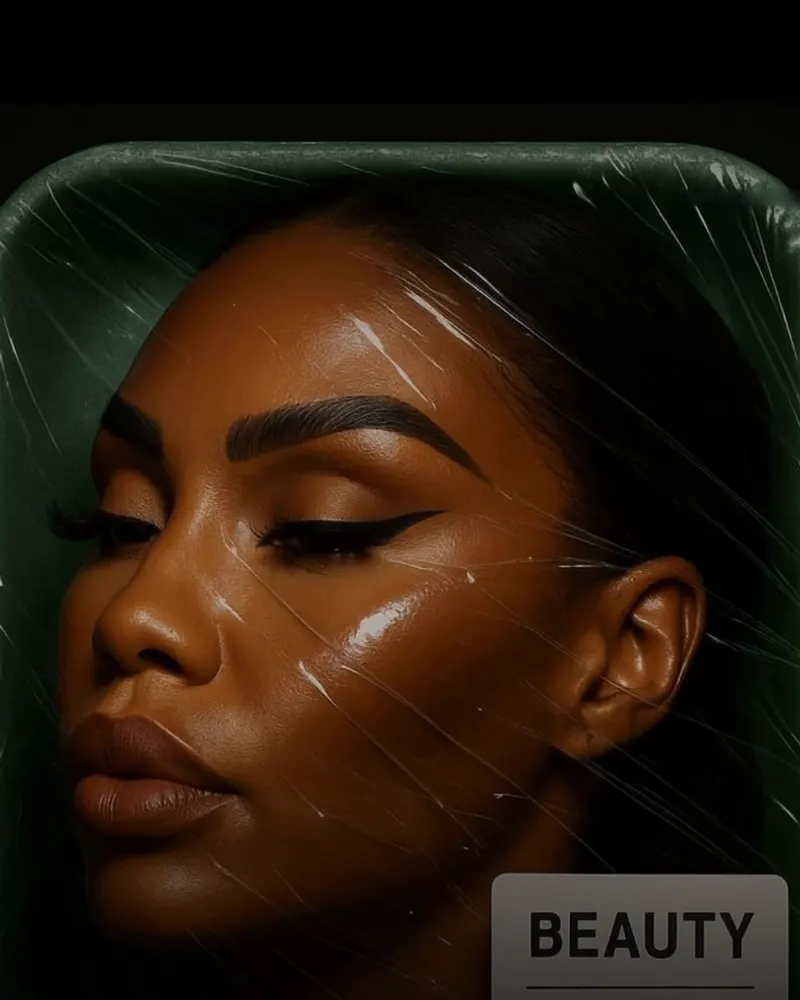 A woman’s face under shrink wrap in a green tray with a BEAUTY price label, from the Dr. KP beauty tray spot.
