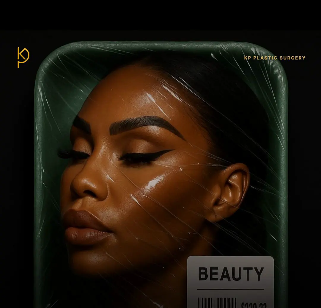 A woman’s face under shrink wrap in a green tray with a BEAUTY price label, from the Dr. KP beauty tray spot.